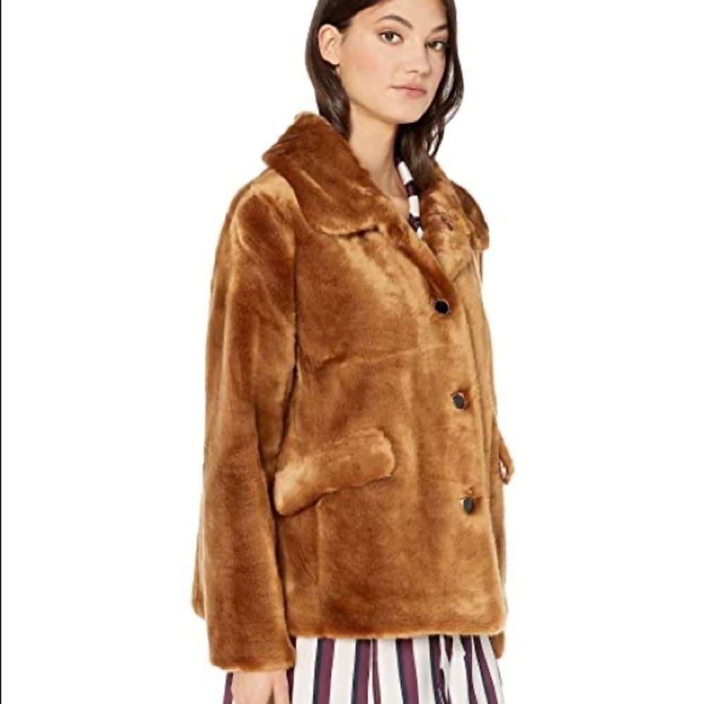 Kate Spade Caramel Brown Faux Mink Fur Coat with Silky Pink Lining SZ L NWT - Picture 6 of 16